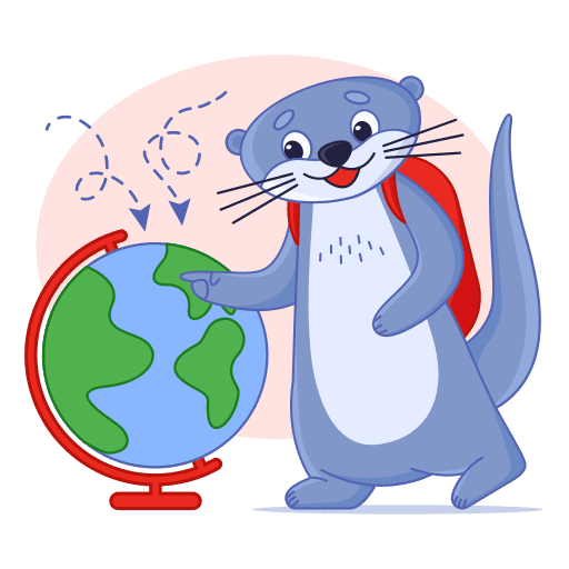 a carttoon otter wearing a backpack and looking at a globe